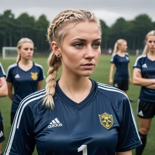 Prompt: A group of young attractive adult viking blonde haired woman, braided hair, tatoo, viking necklace, wearing dark blue tight fit shiny satin adidas sportswear, on a soccer field, with football, playing a game, detailed face, sunshine, rain, clothing is wet, woman are sweating