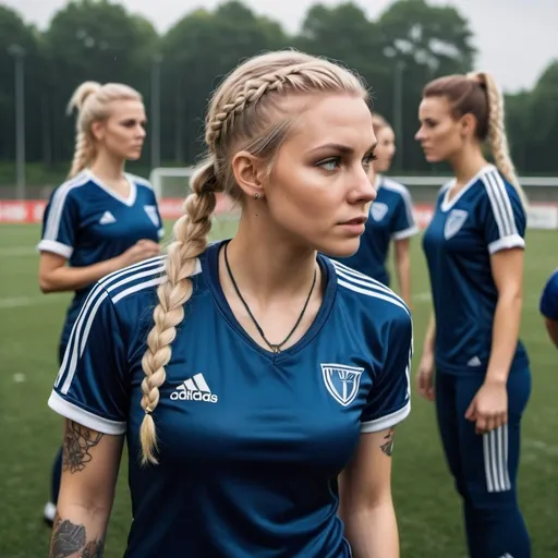 Prompt: A group of young attractive adult viking blonde haired woman, braided hair, tatoo, viking necklace, wearing dark blue tight fit shiny satin adidas sportswear, on a soccer field, with football, playing a game, detailed face, sunshine, rain