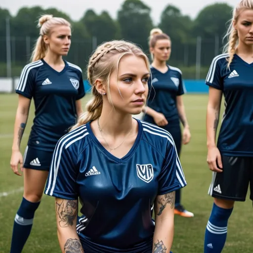 Prompt: A group of young attractive adult viking blonde haired woman, braided hair, tatoo, viking necklace, wearing dark blue tight fit shiny satin adidas sportswear, on a soccer field, with football, playing a game, detailed face, sunshine, rain, clothing is wet, woman are sweating