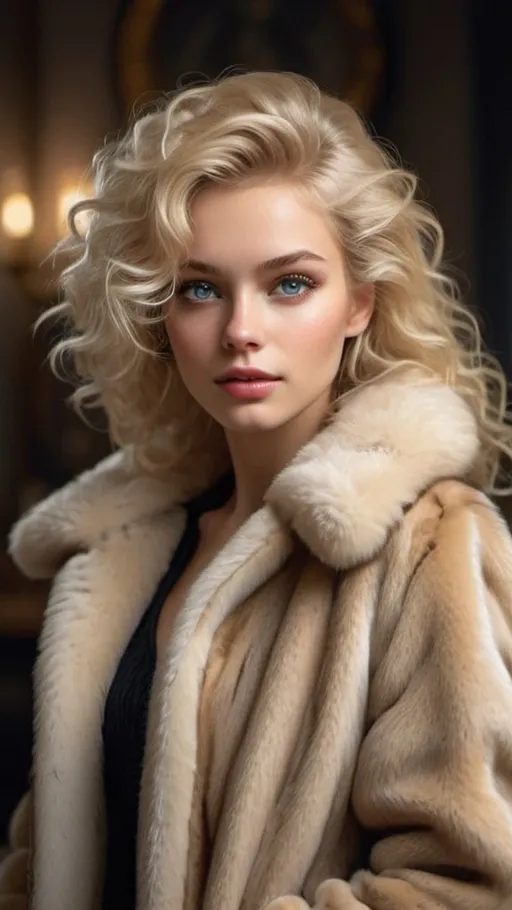 Prompt: woman, (stunningly beautiful scandinavian), highly detailed, 1990s hairstyle, faux fur coat with satin lining, highly detailed, intricately detailed, perfect hands, curly, spreaded skinny legs, ((masterpiece, best quality), 8k, ultra-detailed, realistic photo, detailed face, perfect illumination, beautiful eyes, bright blonde hair)