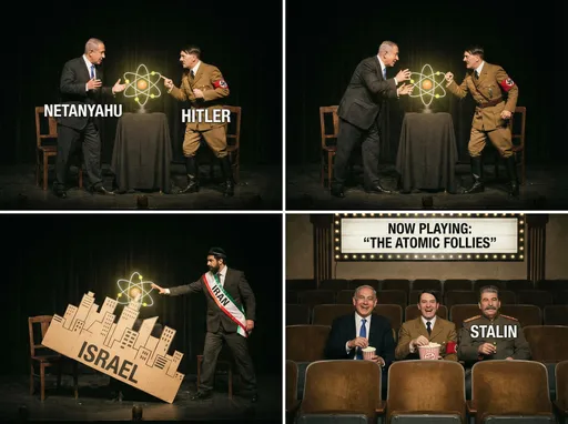 Prompt: دعوای اتمی هیتلر و نتانیاهو که یهو ایران میاد وسط و اسرائیل رو از بین میبره و با استالین میرن سینم