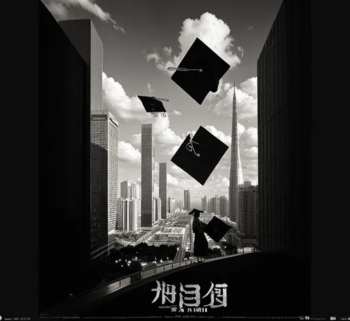 Prompt: a black and white photo with a city in the background and a sky background with clouds, Cui Bai, mannerism, movie poster, a detailed matte painting for graduation 