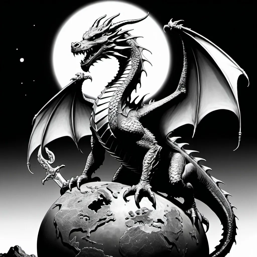 Prompt: A sketch image of a dragon in black and white  on top of a planet for protecting it with a sword held in its jaws. the sword has five gemstones embedded in its handle 