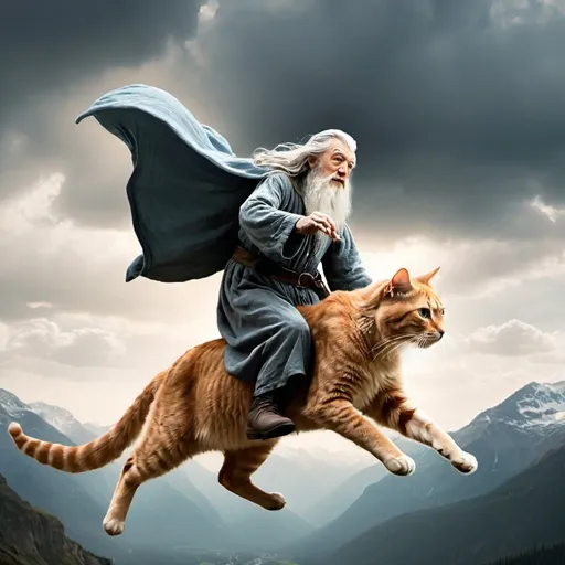 Prompt: Create an image of Gandalf flying on a giant cat