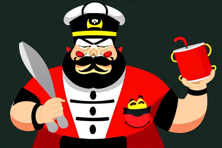 Prompt: evil fat captain happy cheff ith big moustache with pepper in hand outline
