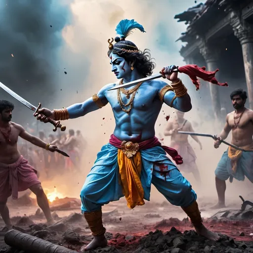 Prompt: (lord Krishna fighting in a battlefield), holding a bloodied sword, battlefield scene, Krishna in an action pose, war-torn environment, intense conflict, vibrant color splashes, dramatic lighting, high contrast, chaotic background with fallen warriors, smoke, and debris, mythical atmosphere, emotion of determination and valor, ultra-detailed, cinematic quality, 4K, highly realistic, epic fantasy setting.