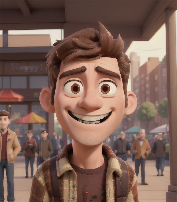 Prompt: A man with a warm smile, dressed in a brown jacket layered over a red sweater and a checkered shirt, captures a moment of joy amidst a small crowd. The background hints at an outdoor setting, suggesting a bright day, possibly during an early morning event, with subtle signs of other people and equipment visible. His hairstyle is neat, and he exudes an approachable demeanor. The composition emphasizes his expression, drawing the viewer's attention quickly to his friendly face while offering a glimpse of a casual, lively atmosphere surrounding him. The overall mood is upbeat and engaging, reflecting a sense of community and shared experience.
