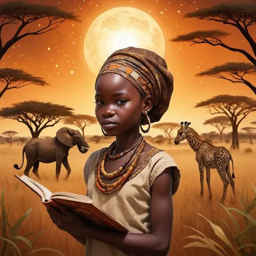 Prompt:  Book cover boldly written as Title: Tales from the African Savannah, 50 Stories for Michelle Usiju Vibrant African savannah landscape with diverse wildlife, traditional storytelling scene under the starry night sky, warm earthy tones, high-quality illustration, detailed storytelling characters, mystical storytelling atmosphere, traditional African art style, rich storytelling details, professional artistry, warm and atmospheric lighting, 4k, storytelling, African savannah, wildlife, traditional, earthy tones, high-quality, detailed characters, mystical atmosphere, African art, professional, warm lighting with a girl child Michelle Usiju's potrait,