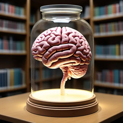 Prompt: Create an image of a human brain in a jar on a stand in a library