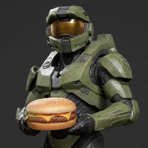 Prompt: Master Chief, from halo, holding a big mac, with his helmet on.