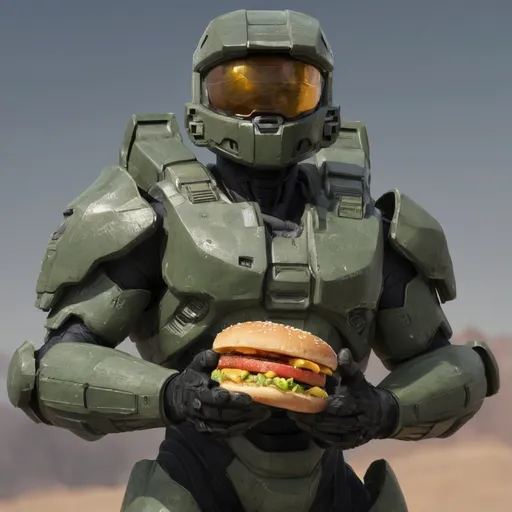 Prompt: Master Chief, from halo, holding a big mac, with his helmet on.