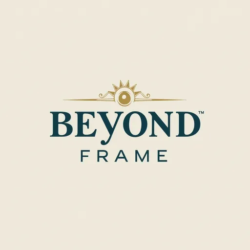 Prompt: "Create a minimalist yet elegant logo for 'Beyond Frame', a brand focusing on photography as an art form. The design should reflect the idea that photographers see beauty in everything, even the simplest details. Use the brand’s full color palette: deep petrol blue, antique gold, and complementary shades that balance classic and modern aesthetics.

The logo should subtly integrate photography-related elements like a camera frame, an artistic eye, or abstract visual depth. The typography must align with the brand identity, using:

Lora or Quattrocento for English.
Reem Kufi for Arabic.
The final logo should be visually appealing on social media, maintaining a sophisticated and timeless feel. 
color pallet : #6E6E6E #1A1A1A #004F59 #C7A75C"