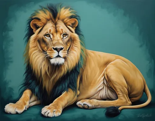 Prompt: 

"Create a lion in warm mustard yellow in petrol blue-green background in a visually balanced and restful composition, evoking elegance and tranquility. Avoid complexity and unnecessary details, ensuring the artwork feels light and soothing."
The painting should look hand painted. The lion must not be much realistic. A little bit abstract tand whole body and feet. It should look moving like moving closer. 