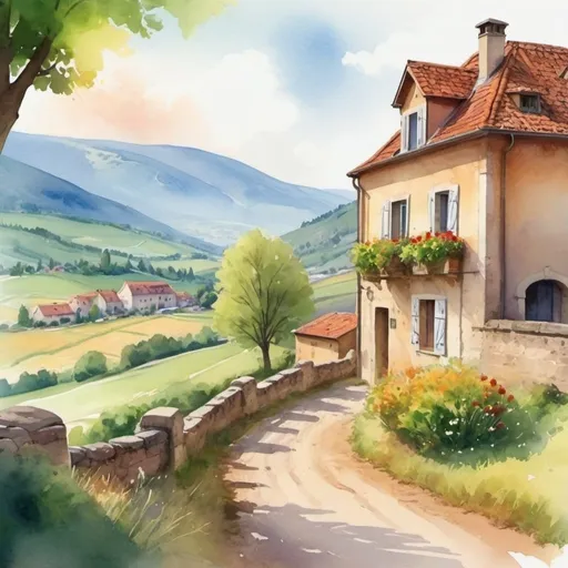 Prompt: Make a watercolor style painting of the European countryside. 