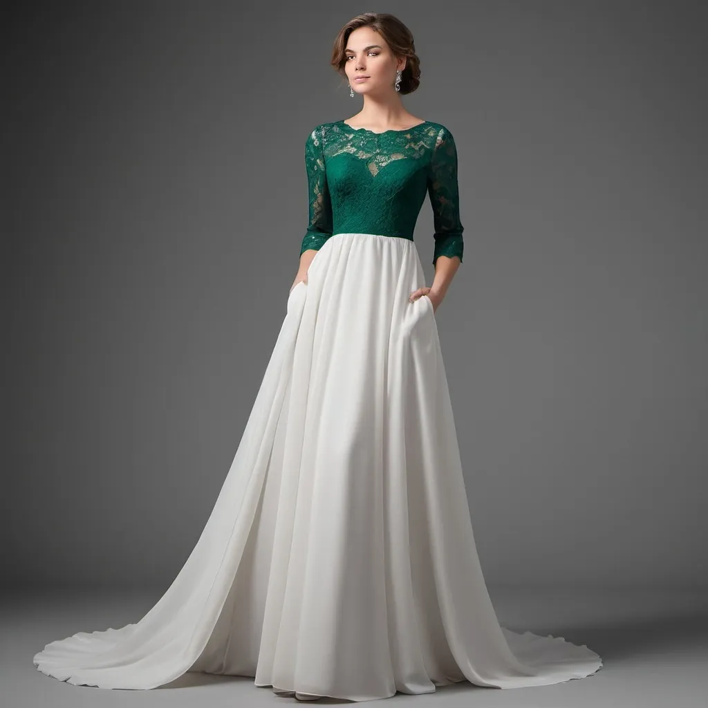 Prompt: Imagine a soft, flowing gown that moves gracefully as you walk. The sleeves, whether bishop, ruffle, bell, or Juliet, add a touch of romance and timeless elegance. The dress covers your shoulders, providing a sophisticated look that transitions beautifully into a floor-length skirt with a long, sweeping train. Monochrome beads subtly catch the light, and delicate floral designs add texture and interest without overpowering the dress. The back features a beautifully designed lace pattern or an illusion element, and hidden pockets offer practicality. The overall color palette of pastels or a striking emerald green gives you a range of choices to suit your style and complexion.