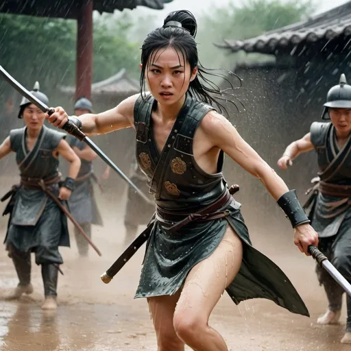 Prompt: Chinese female warrior coming out from a shower to fight on a battlefield