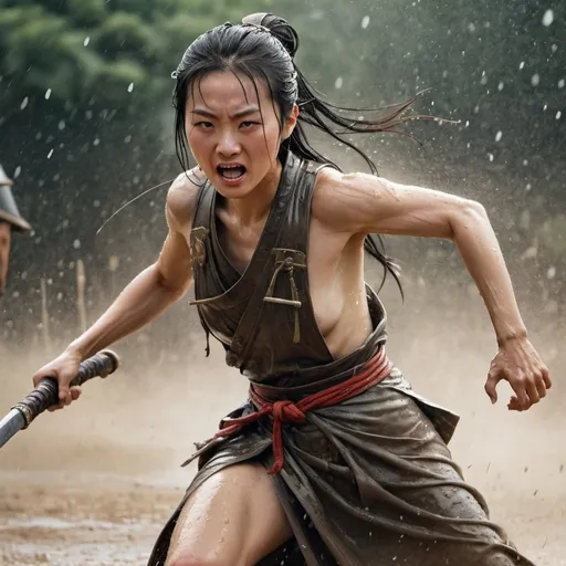 Prompt: Chinese female warrior hurridly coming out from a shower to fight on a battlefield.