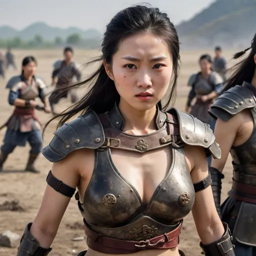 Prompt: Chinese female warrior with her chest plate destroyed, revealing all of her chest skin.
She is on a battlefield.
