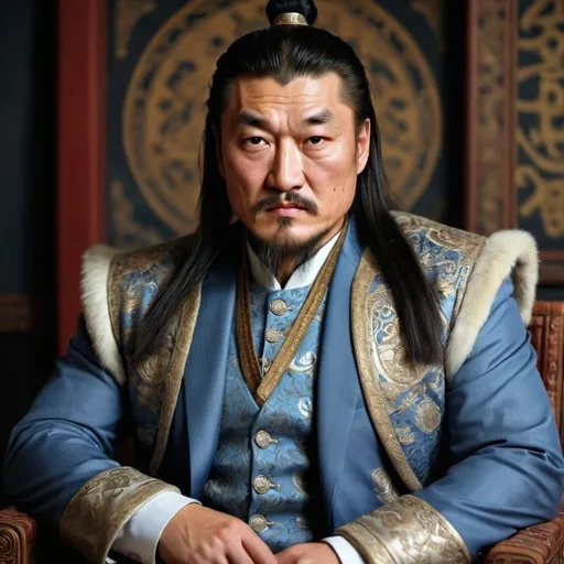 Prompt: Genghis Khan dressed up like a business man with modern day 3piece suit

