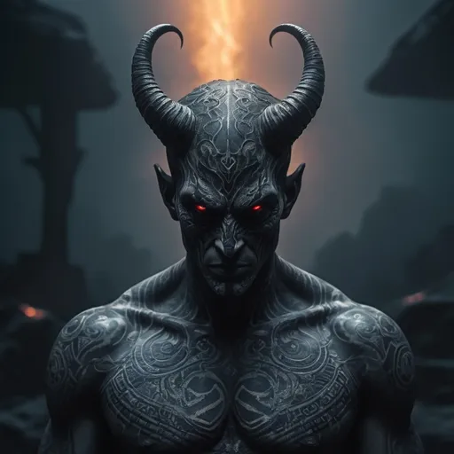 Prompt: devil,  dark tribal tattoos, ominous atmosphere, high-contrast lighting, moody shadows, glowing alien machinery in background, misty environment, mysterious, cinematic masterpiece, highly detailed, 4K, ultra-realistic textures, intricate patterns, dark futuristic landscape backdrop