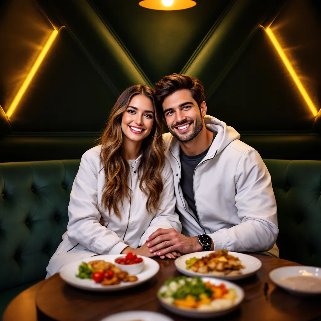 Prompt: In a cozy dining setting, a young couple is comfortably seated together on a plush, green banquette, illuminated by warm lighting. The backdrop features a modern geometric design with soft, padded black panels that create an intimate atmosphere. Both are dressed in stylish white jackets, with the woman displaying long, 
wavy hair and a bright smile, while the man has a confident expression, his dark hair neatly styled. Their arms are intertwined, emphasizing their close connection, amidst a table adorned with plates of food that hint at a casual yet enjoyable meal. The overall scene conveys a sense of warmth, joy, and togetherness, perfect for a special occasion.