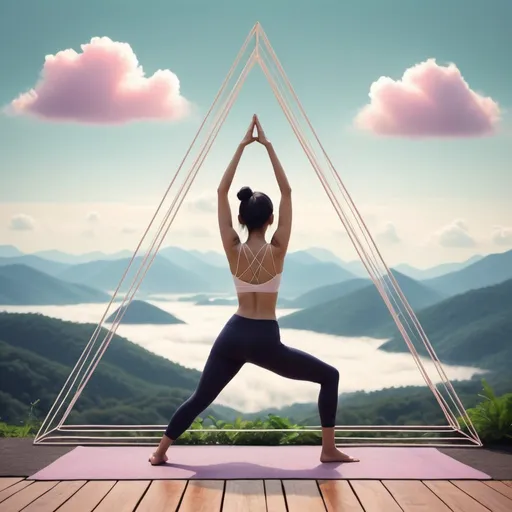 Prompt: triangle yoga pose, with light coloured wire frame triangles in the back ground. Using calming and gently vibrant colours and a modern simple style. Gently friendly person, female, asian. Elements of nature in thebackgorund like very simple mountains and calming joyful clouds