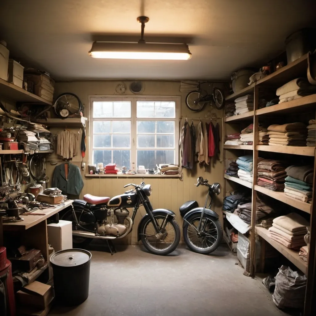 Prompt: 1950's  garage workshop light through window dim street lights happy many shelves full of folded clothes motor bike

