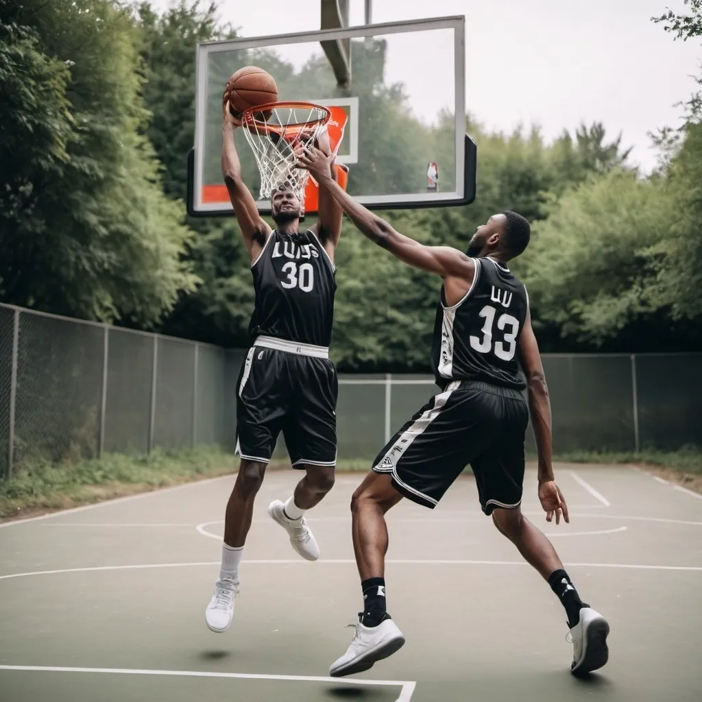 Prompt: Un joueur de basketball riche avec un terrain de basket derrière lui