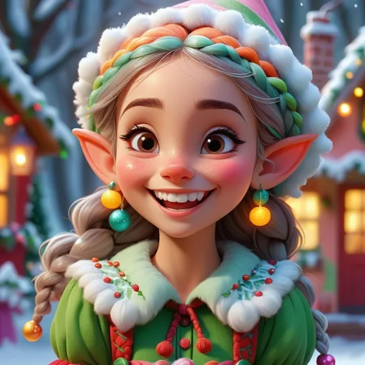 Prompt: (Disney style Christmas elf girl), cheerful expression, intricate braids, happy smile, vibrant pastel colors, sunny atmosphere, dynamic and lively background, whimsical decorations, festive elements, playful details, high quality, ultra-detailed, charming and delightful ambiance.