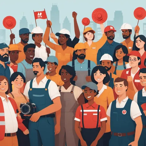 Prompt: An illustration of diverse workers from different industries celebrating Labour Day, emphasizing unity and dedication, with a digital artwork style, a Canon DSLR camera, 35mm lens, and basic color correction post-processing.