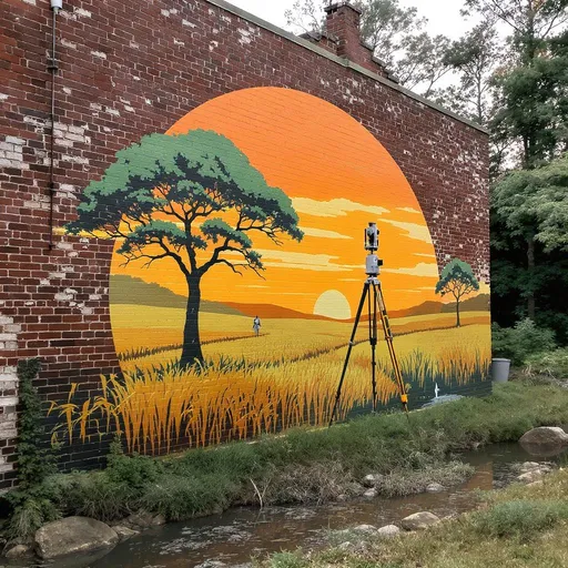 Prompt: I want a retro style mural artwork on the side of a brick building.

I also want to see a man surveying in a field with a traditional survey tripod and a data collector on top. I want there to be a sunset. Make the scene set in a woodsy tree filled field with a creek. Indicative of a southern US landscape
