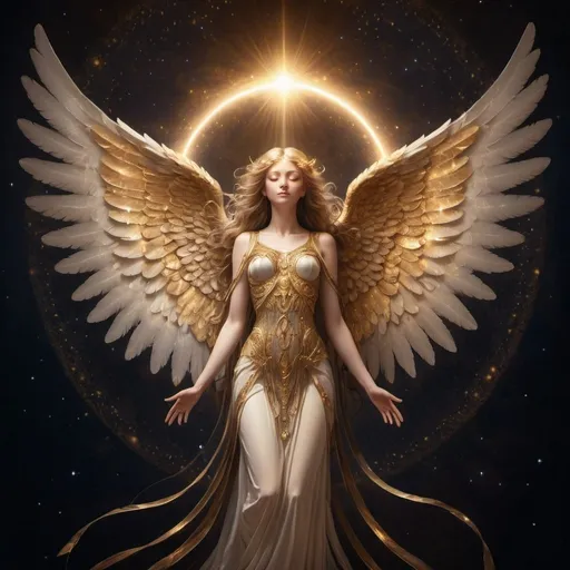Prompt: Ethereal angel with large, radiant wings, glowing halo, cosmic background, intricate details, dark and golden colors, high quality, ethereal, cosmic, detailed wings, radiant, golden tones, professional, atmospheric lighting