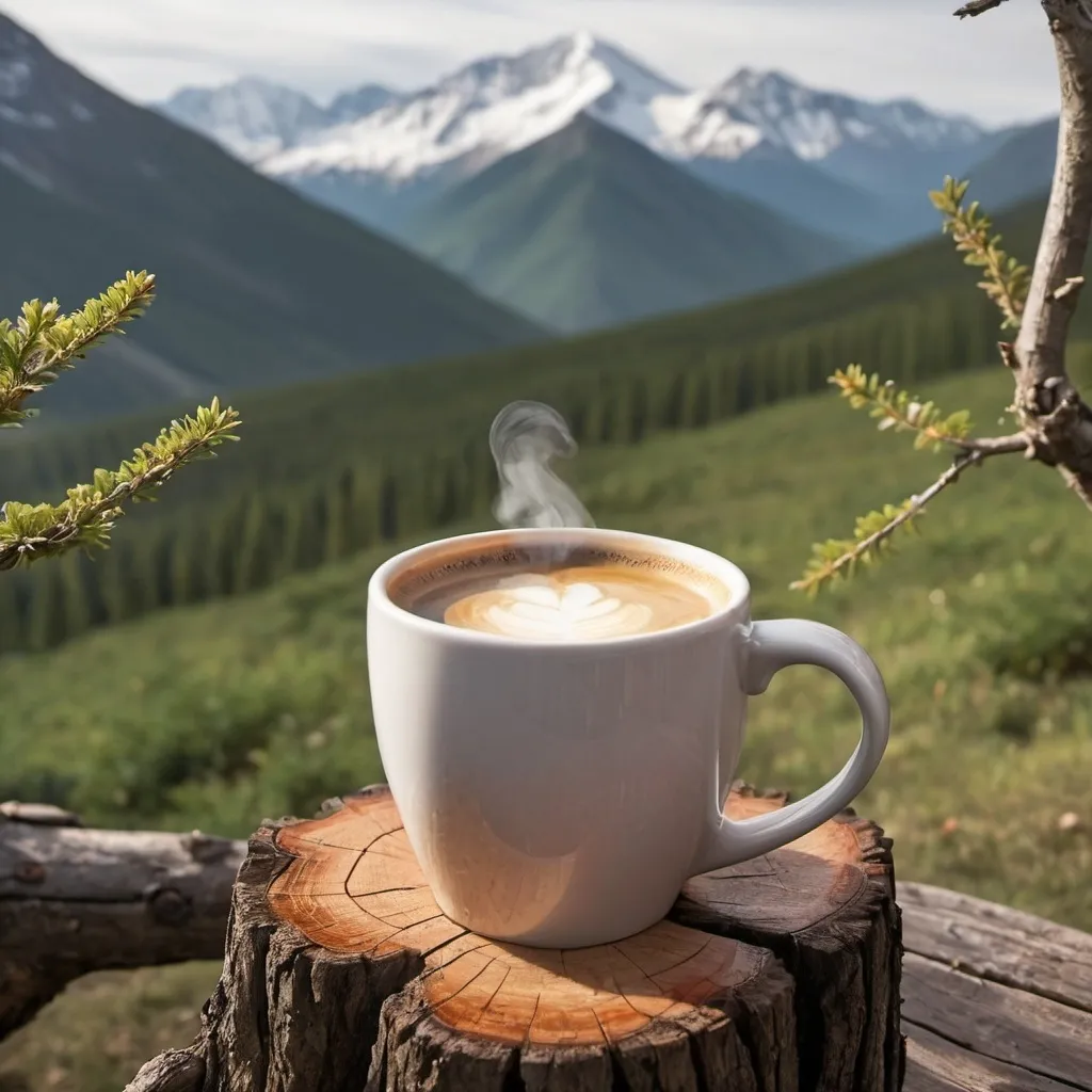 Prompt: a mug of steeming coffee sitting atop a tree stump with a rugged mountain range in the background