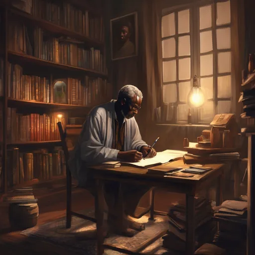 Prompt: An African Poet In His Library writing a poem for his son, the room is dimly lit, the poet is 40years old with grey hair and brown eyes.