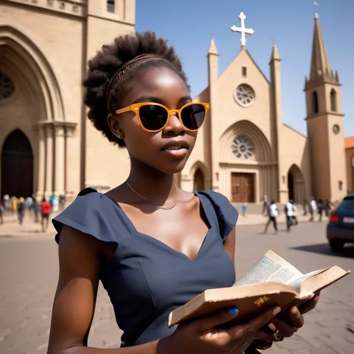 Prompt: 23 year old African girl, she is wearing modern sun-glasses to conceal her beauty, with fair chocolate skin, holding a bible in her left hand and a mobile phone in the other, running across a beautiful church cathedral towards her saloon car