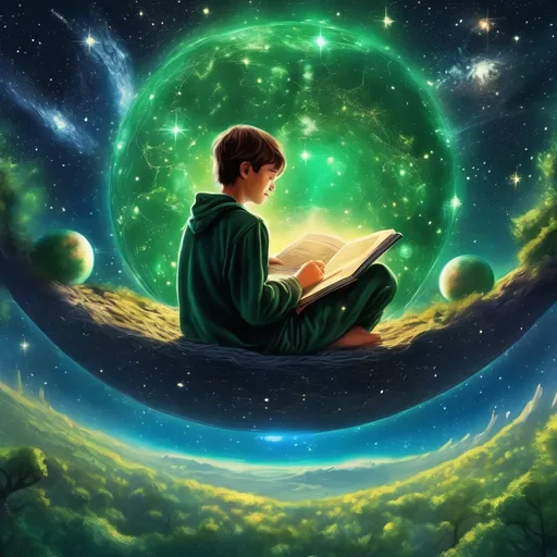 Prompt: (16-year-old boy) floating in the stars, absorbed in a novel titled (accurately spelled text "ancestors"), wearing dark green pajamas, surrounded by a breathtaking cosmic landscape, illuminated by twinkling stars and celestial bodies, earth and the sun visible in the distance, dreamy atmosphere, warm and inviting glow, ultra-detailed, HD quality.