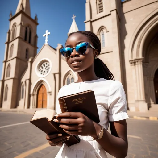 Prompt: 23 year old African girl, she is wearing modern sun-glasses to conceal her beauty, with fair chocolate skin, holding a bible in her left hand and a mobile phone in the other, running across a beautiful church cathedral towards her saloon car