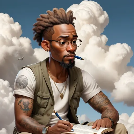 Prompt: A A 32-year-old African poet/writer wearing a vest and khaki shorts is sitting on a cloud. The poet/writer has a tattoo on his right arm with the initials A.H and is holding a pen and a book. He looks down at the world underneath, where the continents are represented by the animals native to each area. African poet/writer, 32years of age, wearing neat khaki shorts, a vest and a tattoo with the initials A.H on his right arm, he is sitting on a cloud with a book in his hands and a pen, looking underneath him where all the known continents are represented by world famous wild animals.