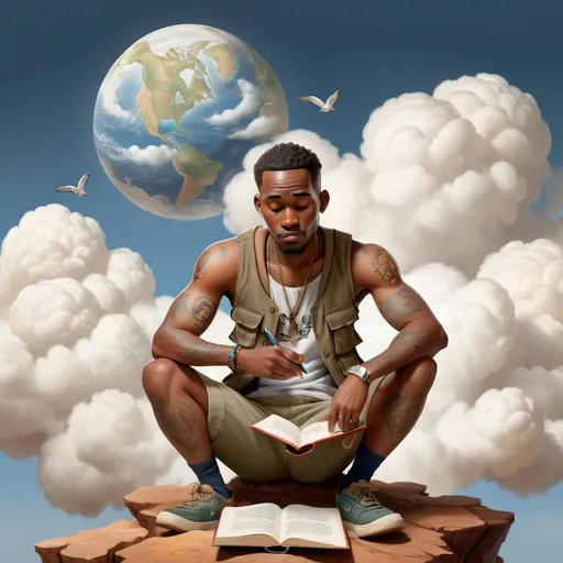 Prompt: A A 32-year-old African poet/writer wearing a vest and khaki shorts is sitting on a cloud. The poet/writer has a tattoo on his right arm with the initials A.H and is holding a pen and a book. He looks down at the world underneath, where the continents are represented by the animals native to each area. African poet/writer, 32years of age, wearing neat khaki shorts, a vest and a tattoo with the initials A.H on his right arm, he is sitting on a cloud with a book in his hands and a pen, looking underneath him where all the known continents are represented by world famous wild animals.