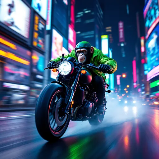 Prompt: A chimpanzee riding a bullet bike, speeding through a vibrant cityscape, dynamic motion blur, showcasing excitement and adrenaline, neon-lit buildings reflecting cool tones, bright blues and greens, urban ambiance, photorealistic, ultra-detailed, capturing the thrill of the ride, high energy and whimsical atmosphere.