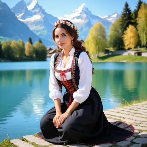 Prompt: natural gorgeous female model ancient swiss, large chest, kneeling, dressed with traditional dress, front 45º view, sitting near a lake,