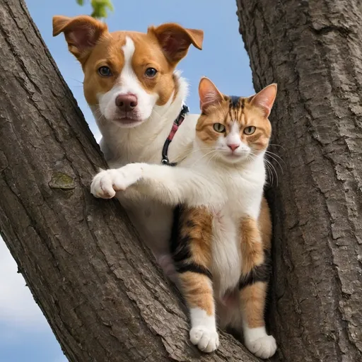 Prompt: A dog and a cat fused together climbing a tree