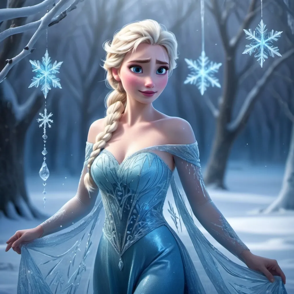 Prompt: Elsa from Frozen making a lot of snowmen