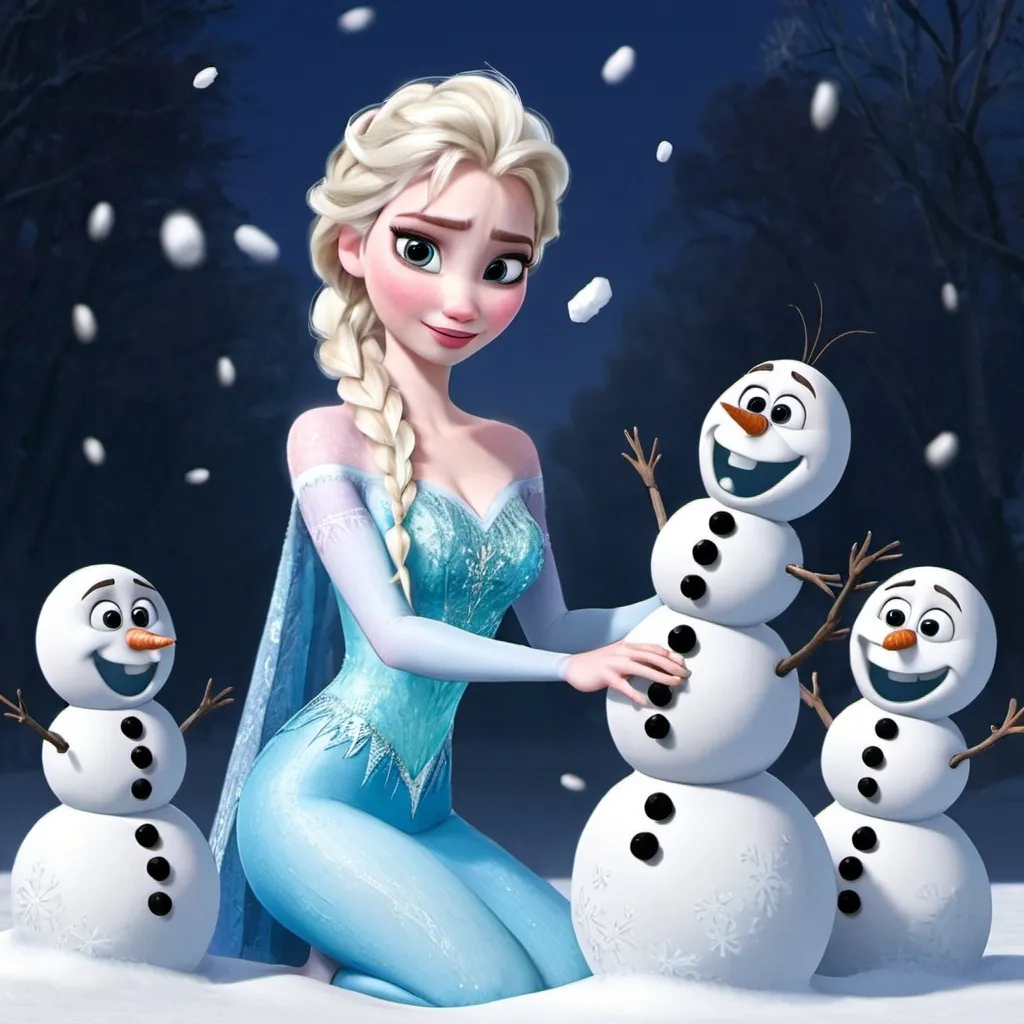 Prompt: Elsa from Frozen making a lot of snowmen