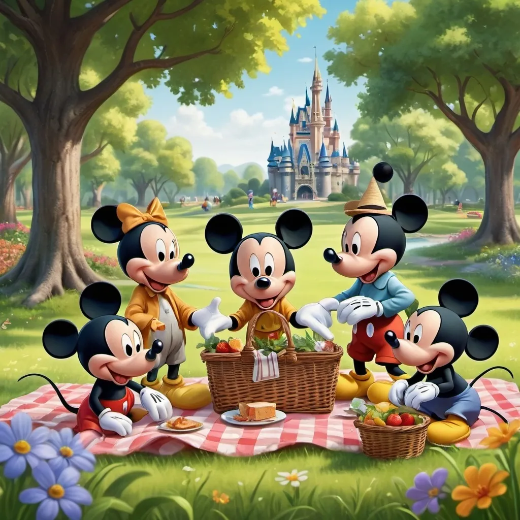 Prompt: Mickey mouse with his his friends in the park having a picnic