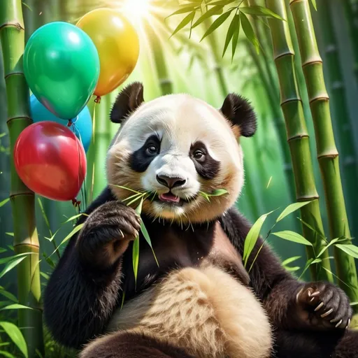 Prompt: Panda eating bamboo on their birthday, with a baby sleeping