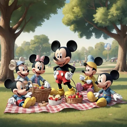 Prompt: Mickey mouse with his his friends in the park having a picnic