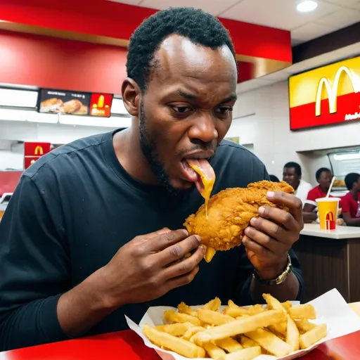 Prompt: Man eating a big piece of chicken in a McDonald's in Africa 