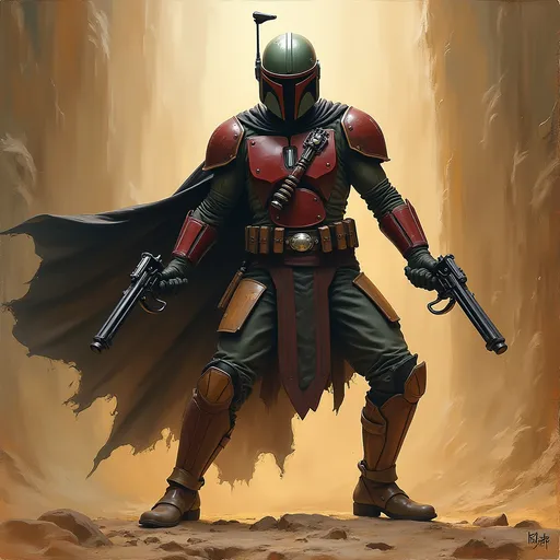 Prompt: expressionist painting (Mandalorian in a heroic pose), (two blasters in hand), dynamic composition, high detail, dramatic shadows, cinematic atmosphere, compelling setting, evocative lighting, powerful stance, strong presence, ready for action, ultra-detailed