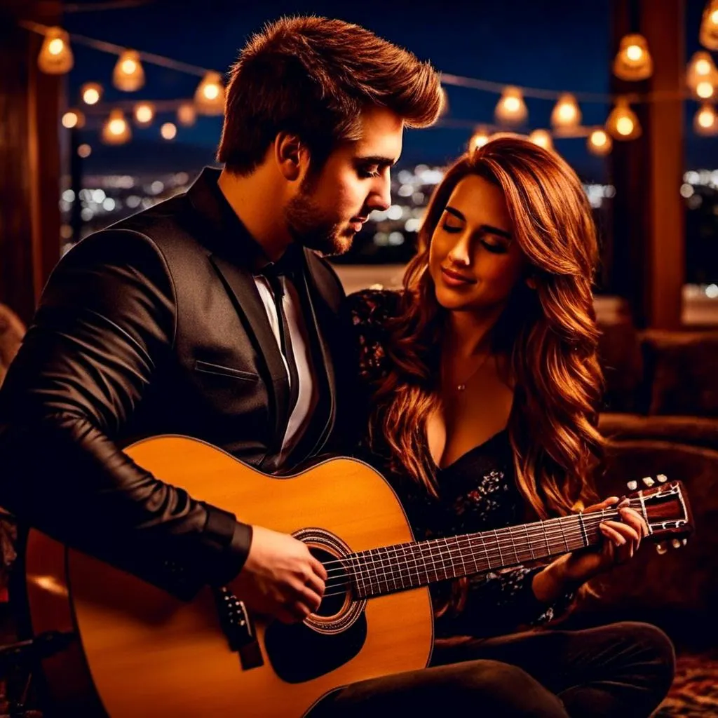 Prompt: Detailed, realistic image of <mymodel> serenading a beautiful woman with a guitar, warm tones, romantic setting, detailed facial features, acoustic guitar with intricate details, expressive eyes, soft lighting, professional, high quality, warm tones, realistic, detailed, romantic, acoustic guitar, emotional gaze, atmospheric lighting